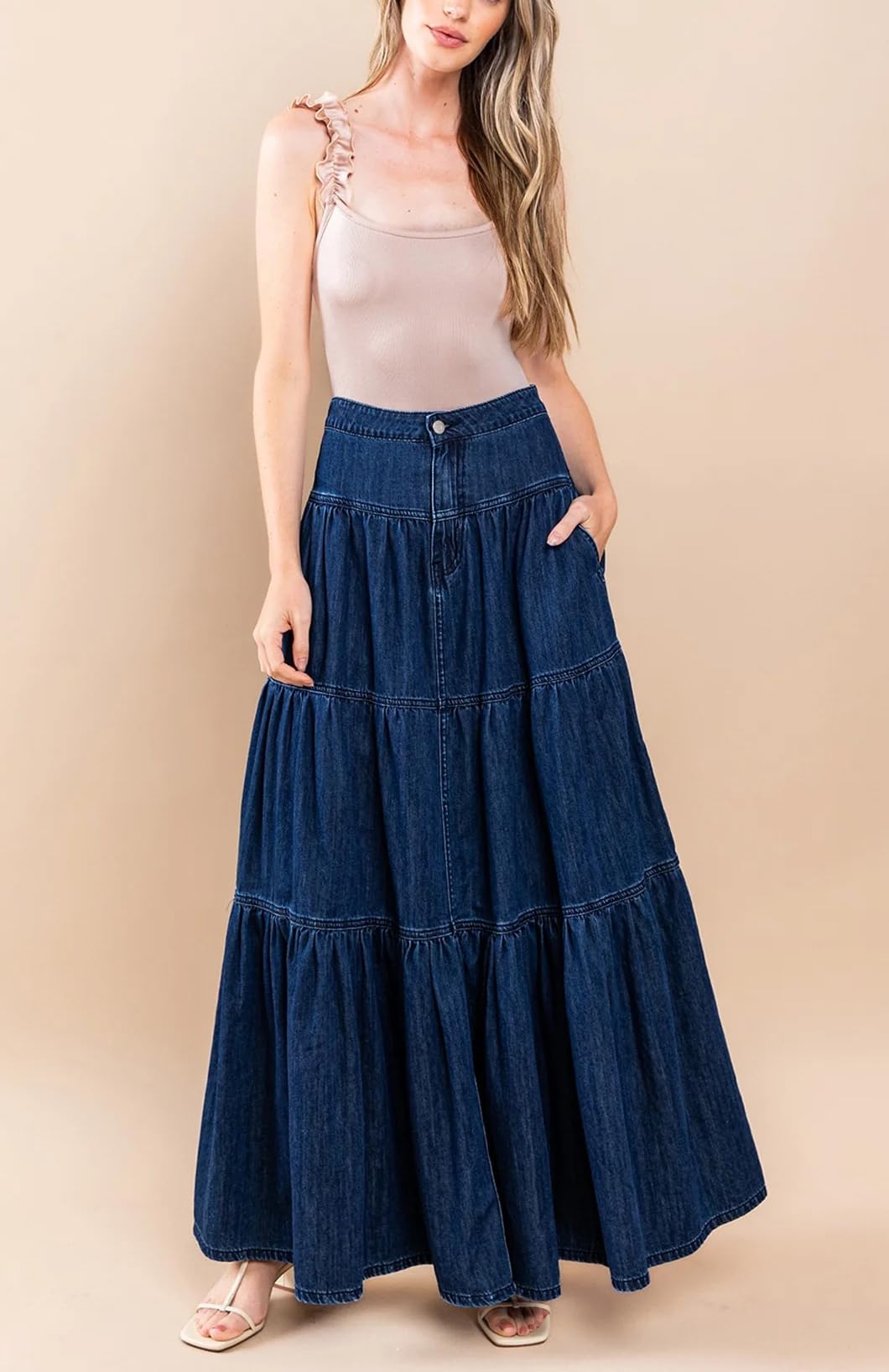 Falda de Mezclilla Maxi Informal con gradas de una línea para Mujer Falda Larga de Mezclilla Boho Plisada con Columpio Fluido