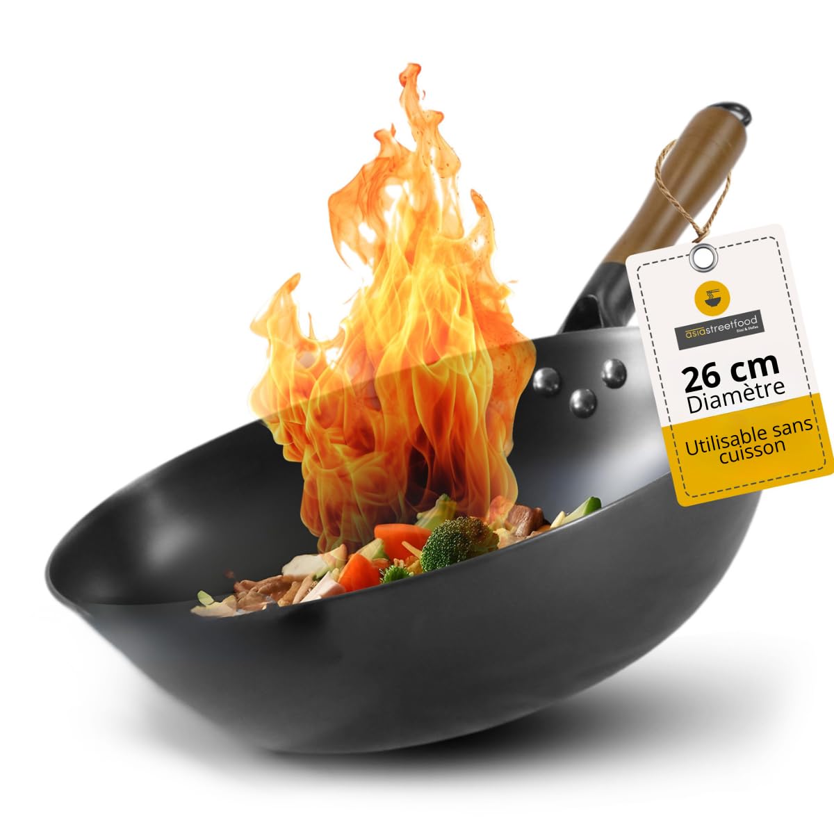 Wok en acier au carbone Ø 26 cm – Fond plat et poignée en bois – Utilisable sur gaz, induction et vitrocéramique – Prêt à l’emploi, sans culottage