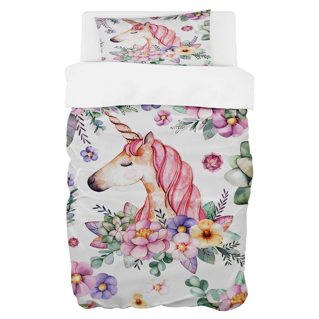 Housse de couette enfant licorne rose 135x200 anti-plis en microfibre ultra douce