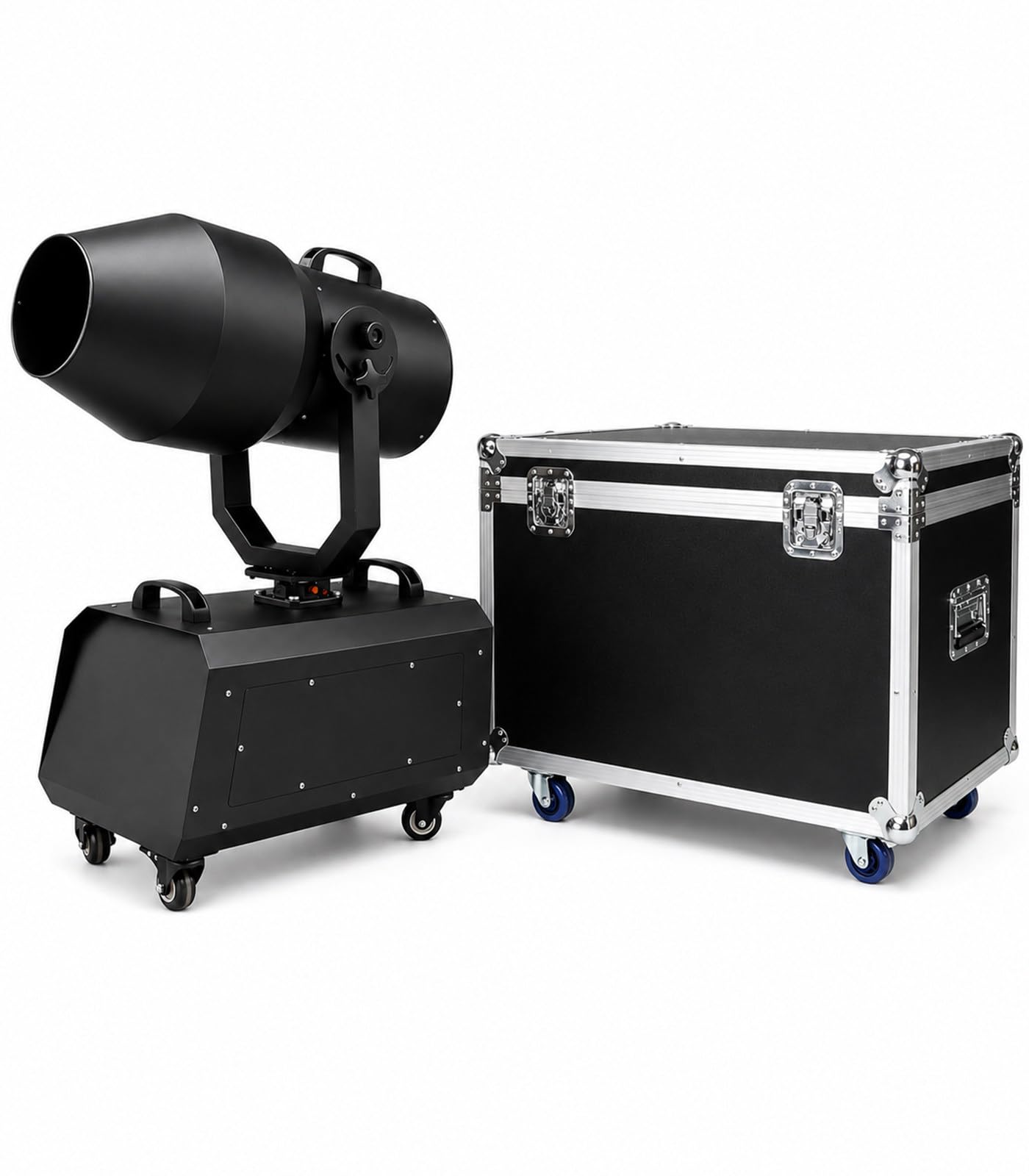 Duża wytwornica piany, profesjonalne sceniczne działo do piany o mocy 2000 W, regulowany kąt, zasięg 6–8 m, powierzchnia pokrycia 80 m². Flightcasepackaging