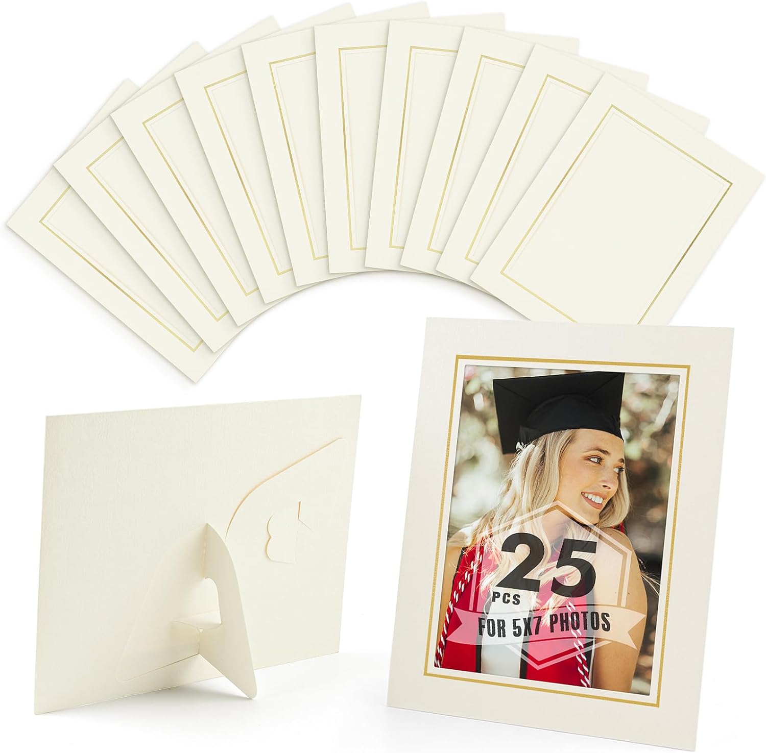 Mat Board Center, 25-Pack 5x7 Ivory Paper Picture Frames with Easel, DIY Cardboard Photo Frame Cards Gold Lining-Perfect for Graduation and Special Events