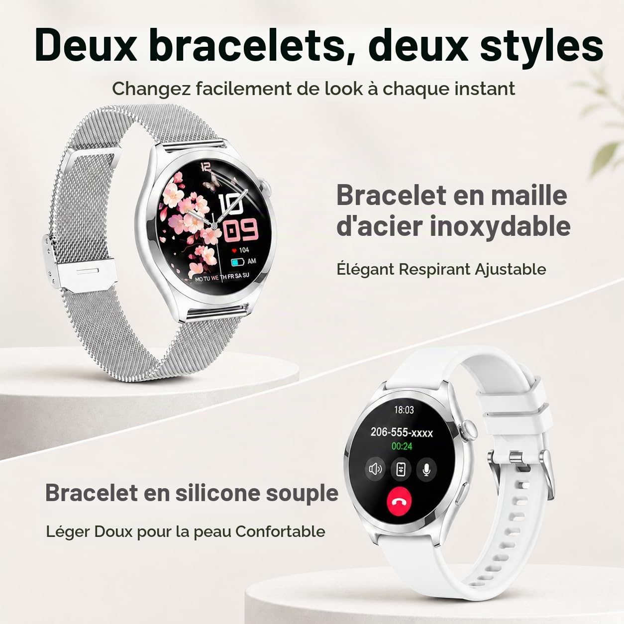 Montre Connectée Femme avec Appel Bluetooth, 1.27" HD Smartwatch avec Fréquence Cardiaque Sommeil SpO2, 100+ Modes Sportifs, Étanche IP68 Bracelet Fitness Podomètre pour Android iOS, Argenté