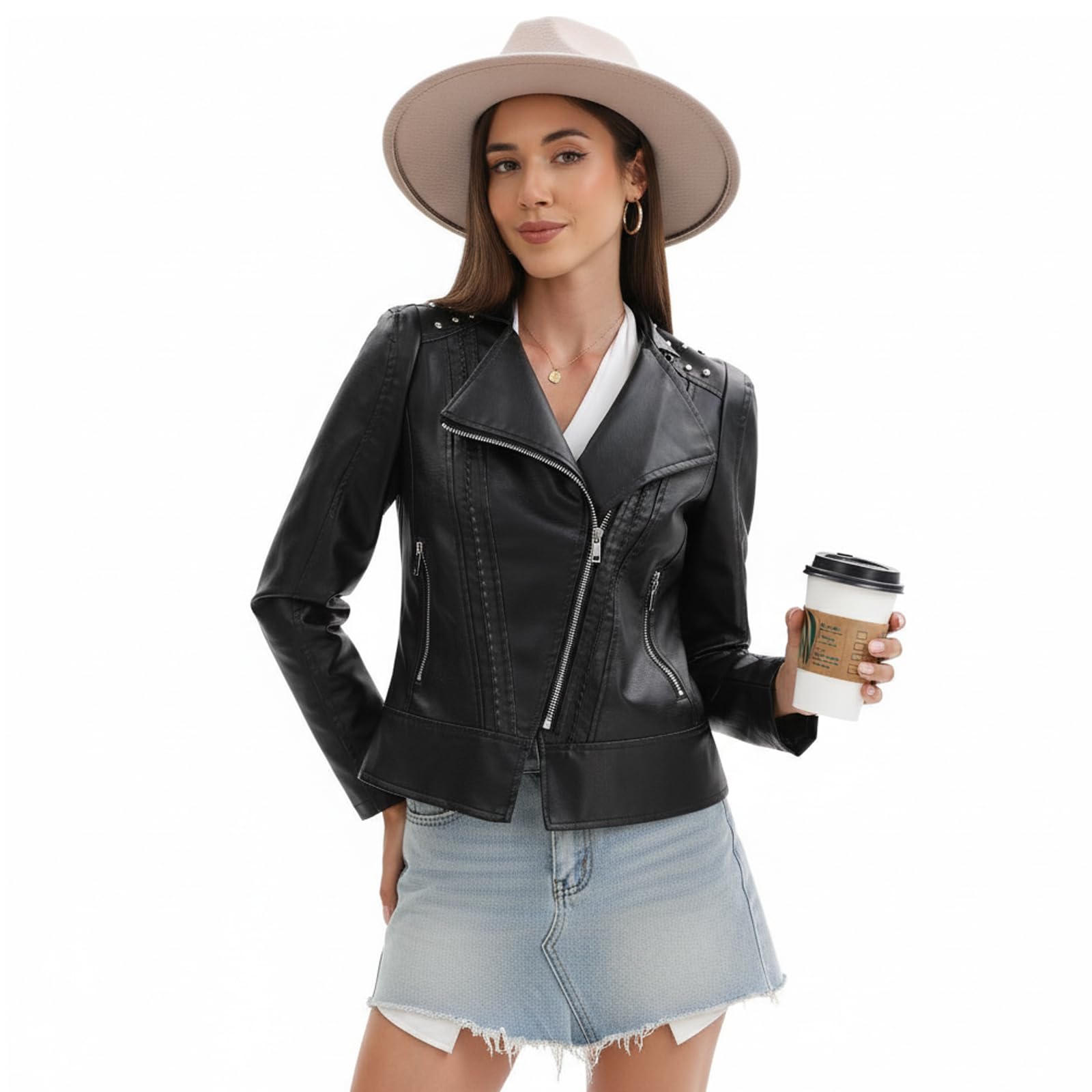 Chaqueta de Cuero Mujer Remaches Moto Corta Cazadora Cremallera chaqueta entretiempo