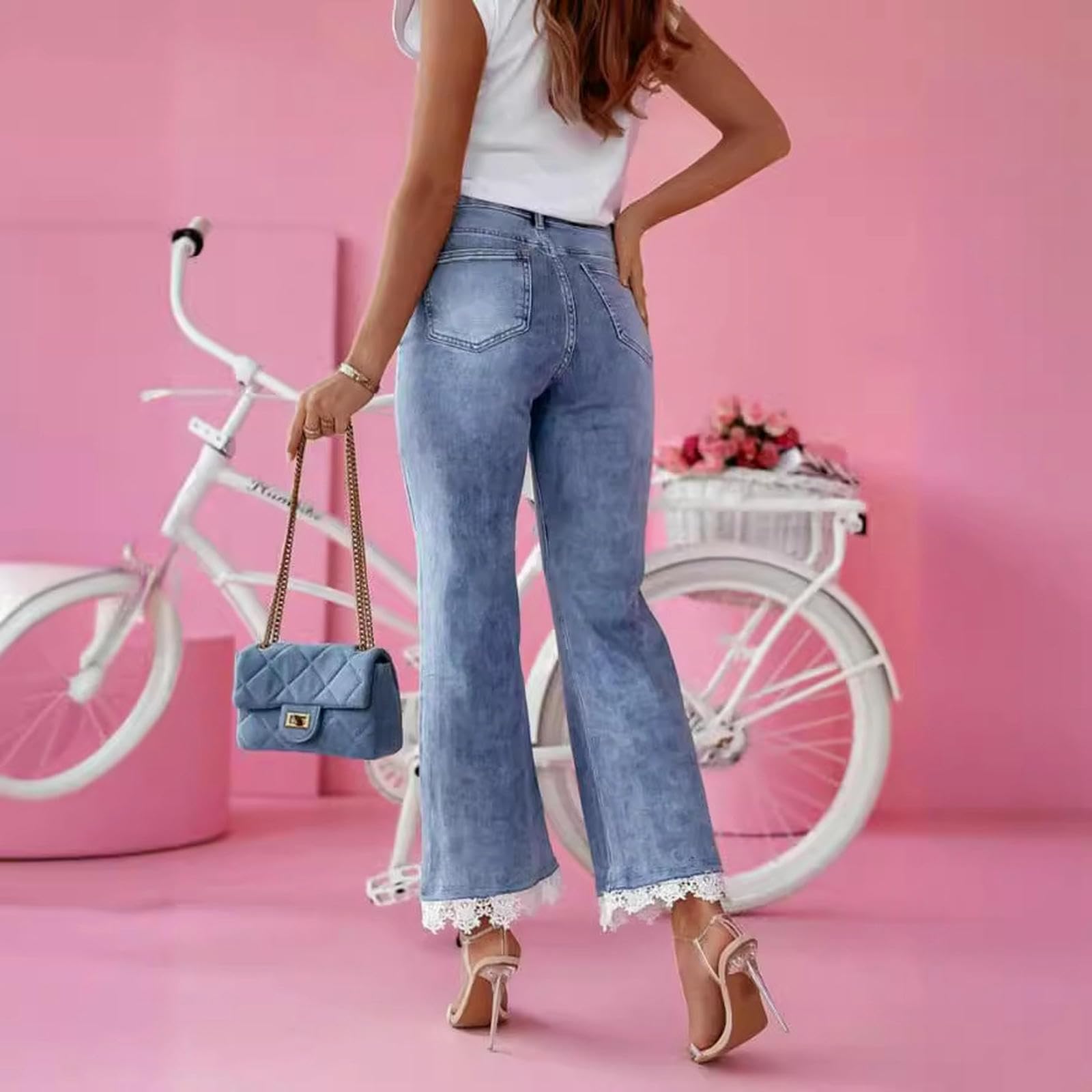 Jeans da Donna Pantaloni A Zampa Slim Vita Alta con Finiture in Pizzo-Azzurro-XXL