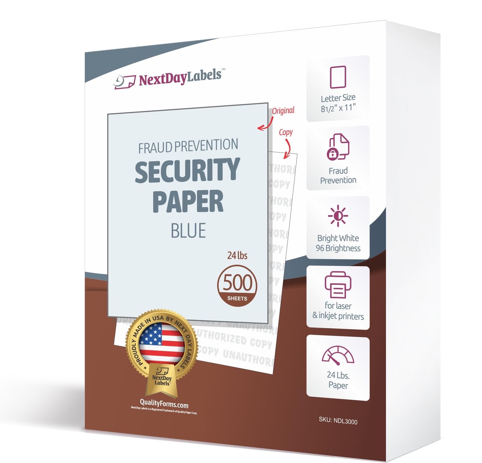 NextDayLabels Blue Security Paper – Multi-Purpose – UNAUTHORIZED COPY – Fraud Prevention – Laser & Inkjet Printer Compatible – 8.5" x 11“ – 24 lb – 500 Sheets
