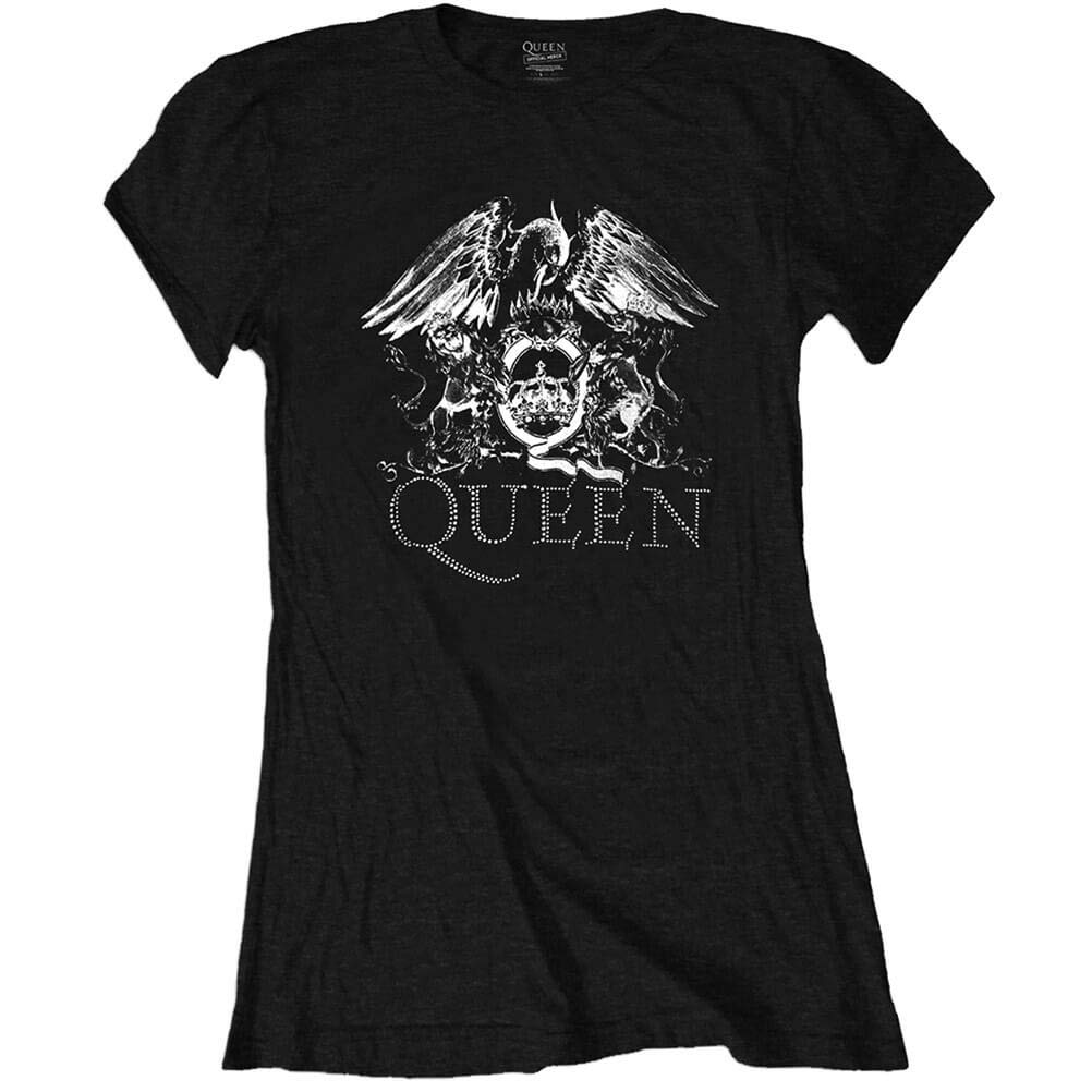 Rockoff Trade Women's Queen Crest Logo Diamante T-Shirt, Black (Black Black), 10