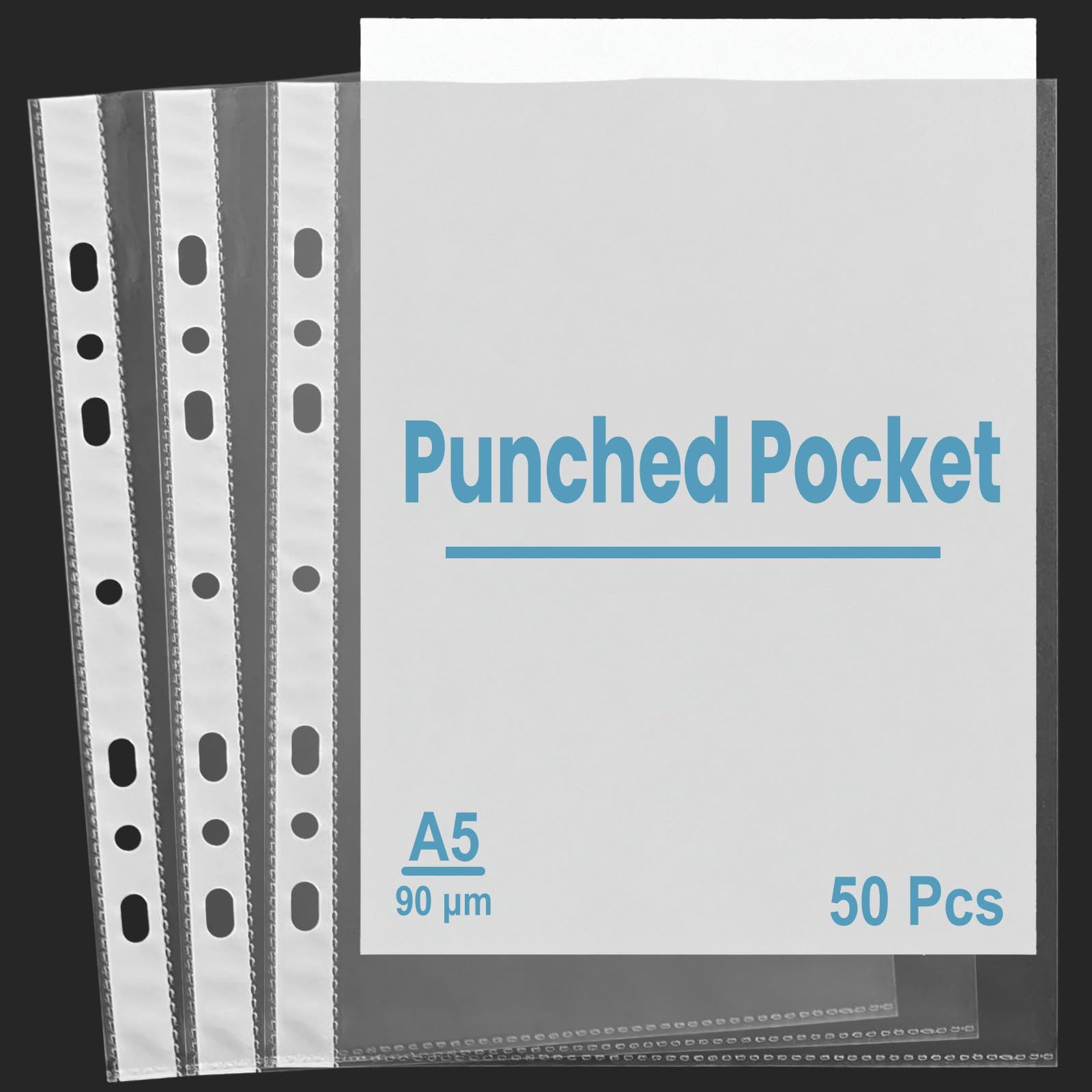 Punched Pockets A5 Clear Plastic Sleeves - 50 Pcs Top Opening Poly Pockets for 6 Ring A5 Binder, Document Wallets Files Protector for Office and School
