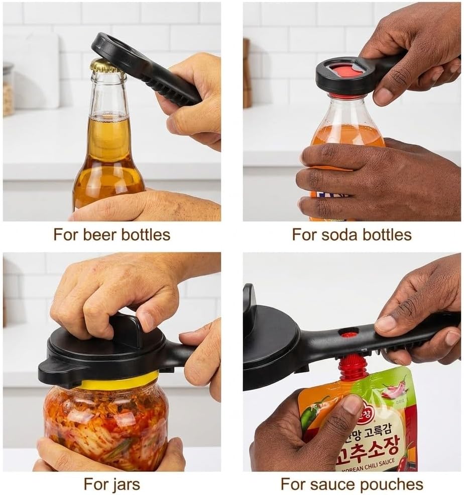Jar Opener, 4-in-1 Adjustable Lid Opener with Non-Slip Grip, Stainless Steel 3-Claw Bottle Opener, Easy Open Kitchen Tool for Jars, Bottles & Cans, Fits 1”–3.5” Lids (Black, 1PC/2PCS) (1)
