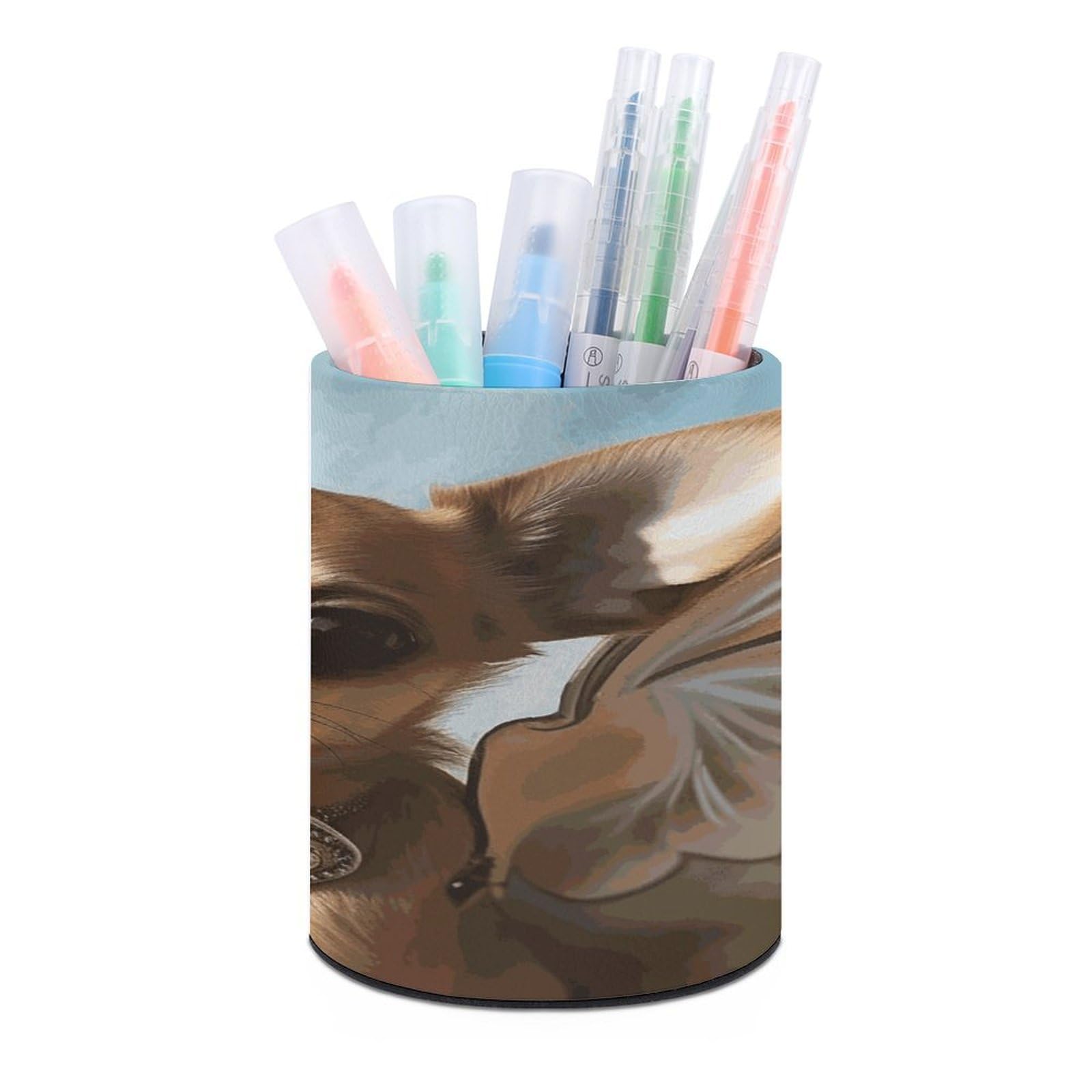 JTREHY - Chihuahua Angel Wings Round Pencil Holder Coffee Makeup Brush Holder PU Leather Cups Stationery Organizer Office Accessories Box