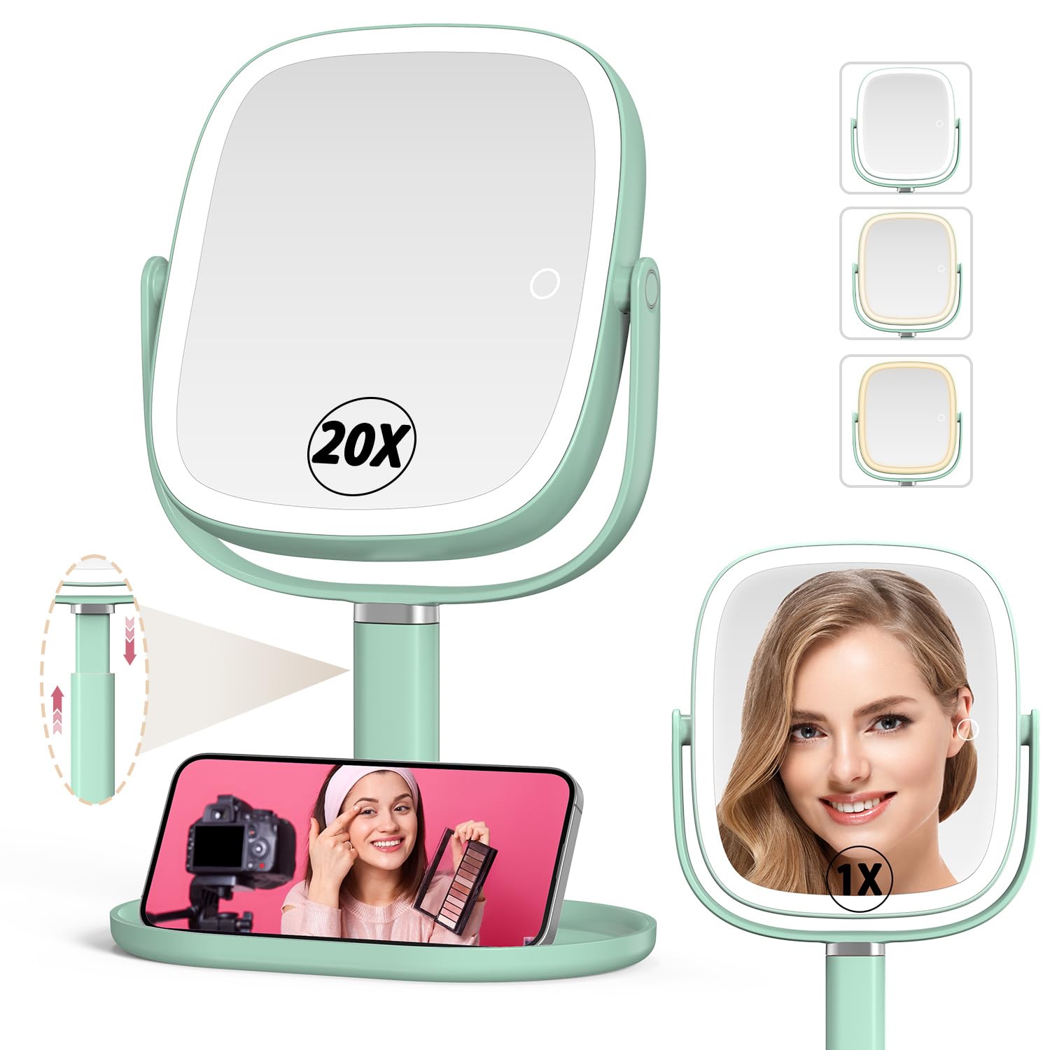 Mocado Makeup Mirror with Lights, 1X/20X Magnifying Mirror with Light, Vanity Mirror with 3 Colors Lights, Height Adjustable Lighted Makeup Mirror, Double Sided 360°Rotation, Memory Function (Green)-image-47