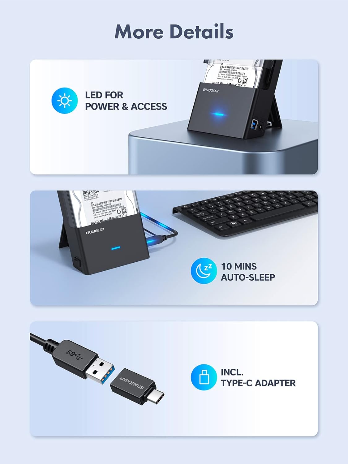 GRAUGEAR G-3502-AC Docking Station with LED, Auto-Sleep, and USB-C Adapter