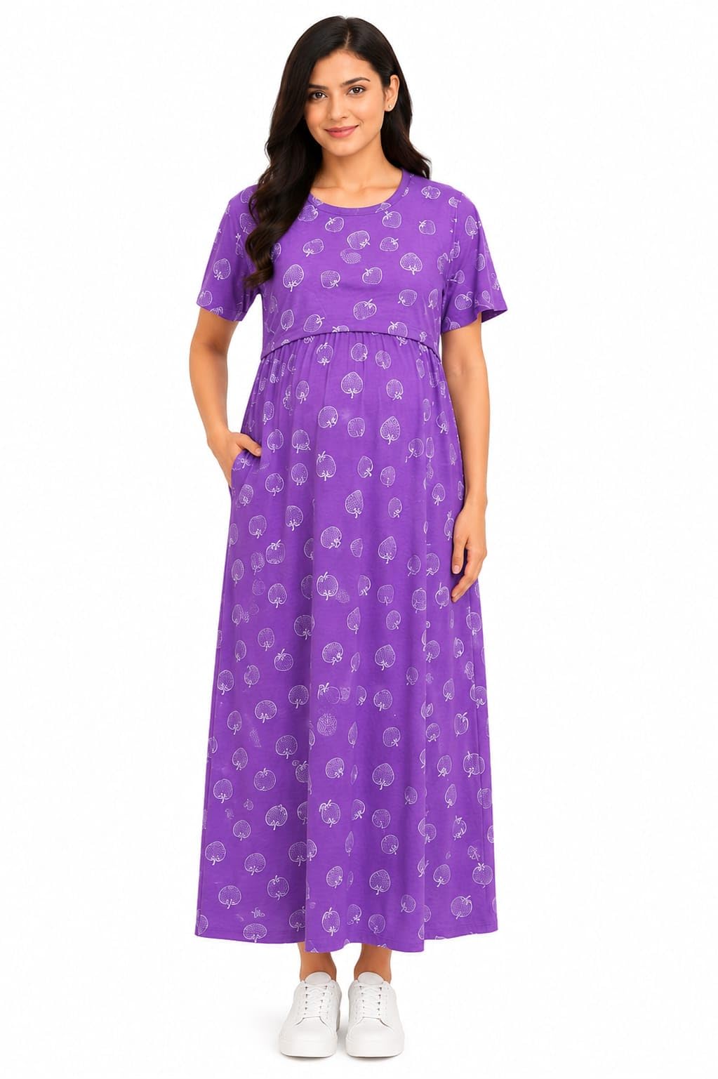 Cotton Flap/Zipless/Pullup Feeding Maternity Nighty for Women Side Pocket and Back Tie (Purple Strobery Print XL)-image-25