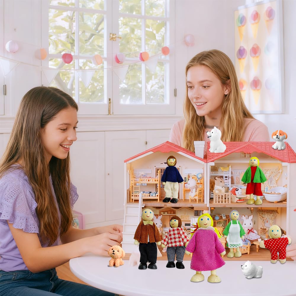 Set Di 11 Bambole In Legno Per Casa Delle Bambole – Famiglia Con Arti Mobili E Cuccioli - 2
