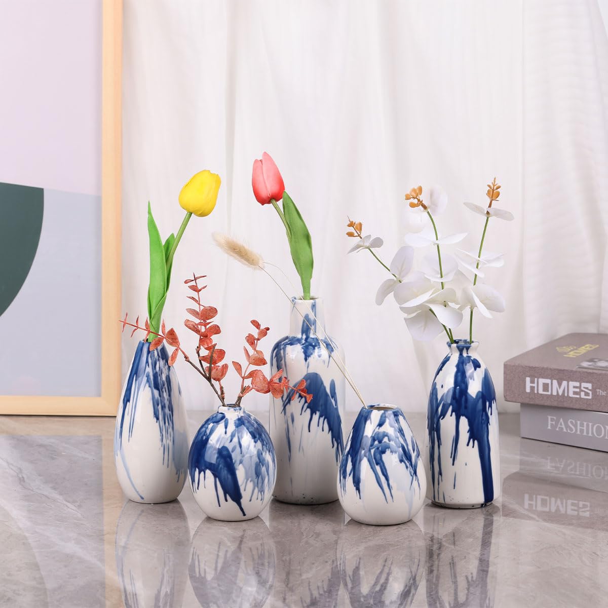 Set di 5 vasi in ceramica blu e bianca - Vasi decorativi moderni in stile rustico blu navy per casa, ufficio, soggiorno, centrotavola per decorazioni da tavola per mensole e accenti per caminetto