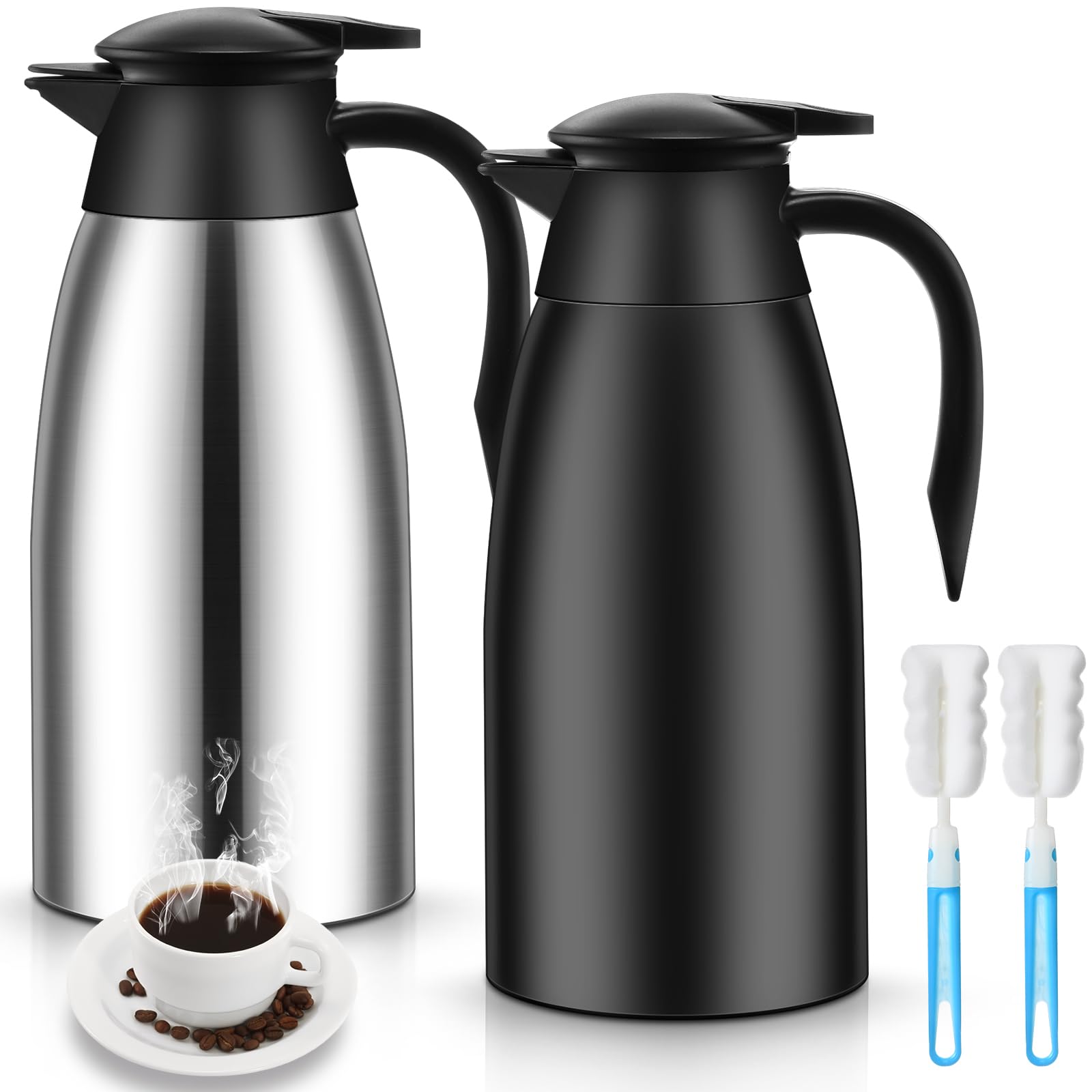 Ziliny 2 Pcs 51 oz Thermal Coffee Carafe for Keeping Hot Insulated Stainless Steel Coffee Carafe Double Walled Thermal Pot Flask with Brushes for Home