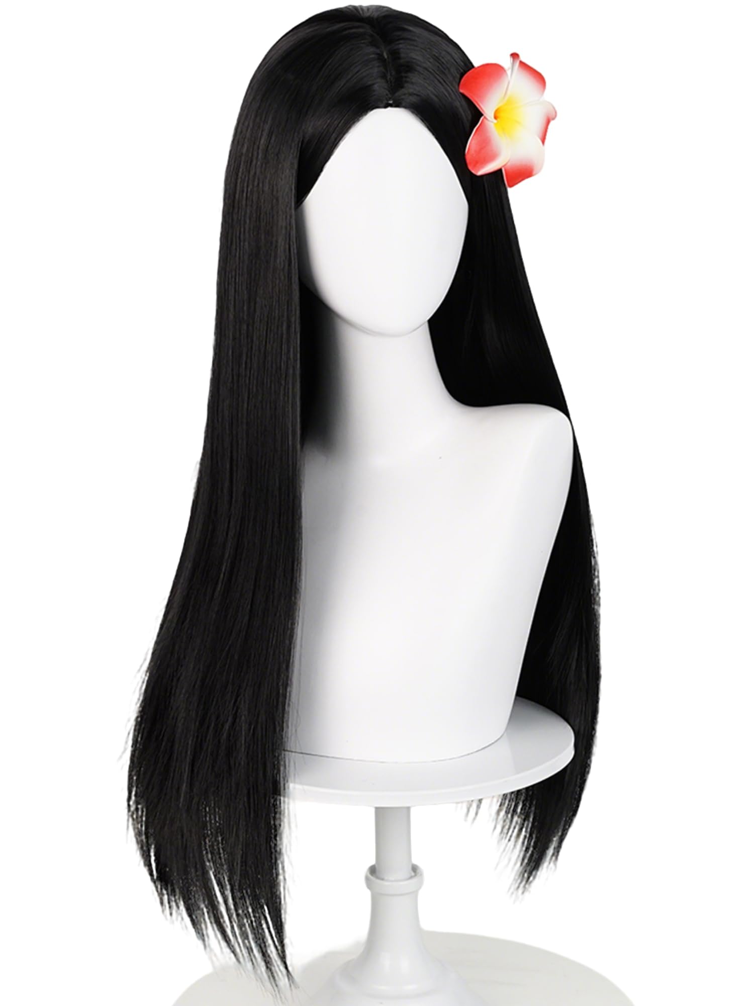 Peluca larga y lacia negra para niños con clip de flores, pelucas para niñas pequeñas Cosplay de 23.6 pulgadas de pelo sintético + gorra de peluca para disfraces diarios de fiesta de Halloween 8