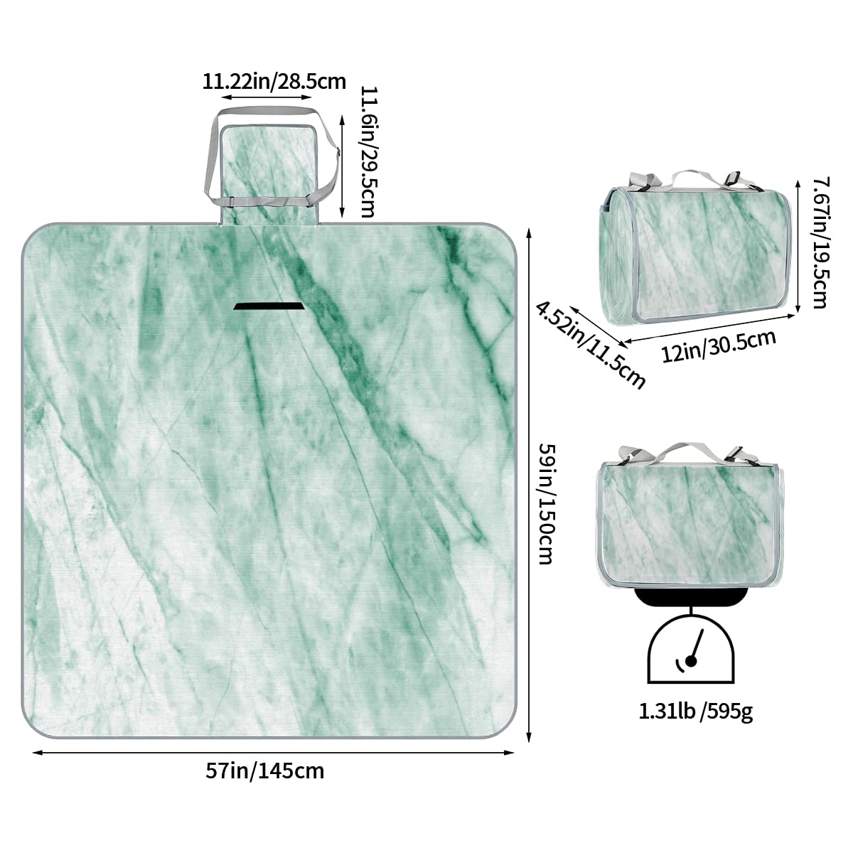 Shimoshe Picnic Blankets 57”x 59”, Green Marble Pattern Waterproof Sandproof Picnic Mat Lightweight Foldable Beach Blanket for Camping Park Grass Beach Outdoor Blanket
