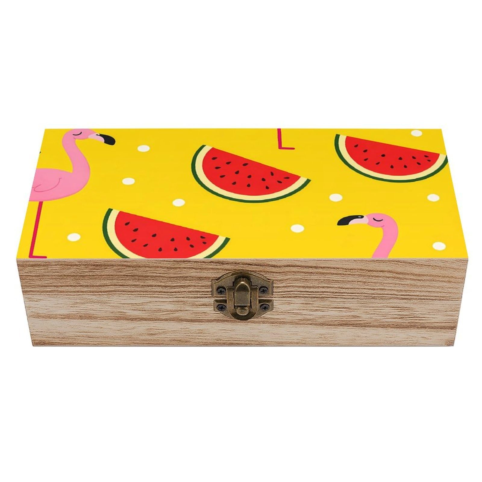 SMAZDFXX Pink Flamingo And Watermelon Wooden Storage Box With Hinged Lid Decorative Front Clasp Keepsake Boxes