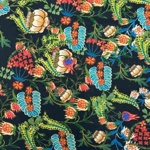 Kt KILOtela - Tela Viscosa Estampada Digital, Retal Desecho Post-industrial Moda, Camisa, Blusa, Caída Fluida, Botánico, Multicolor, Negro, 270 x 140 cm, 19718