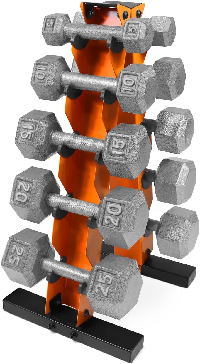 WF Athletic Supply 5-25 Lb Cast Iron Dumbbells Set with A Frame Storage Rack, Solid Gray/Black Hexagon Free Weights for Weight Lifting & Strength Training, Storage Rack Color Options Available