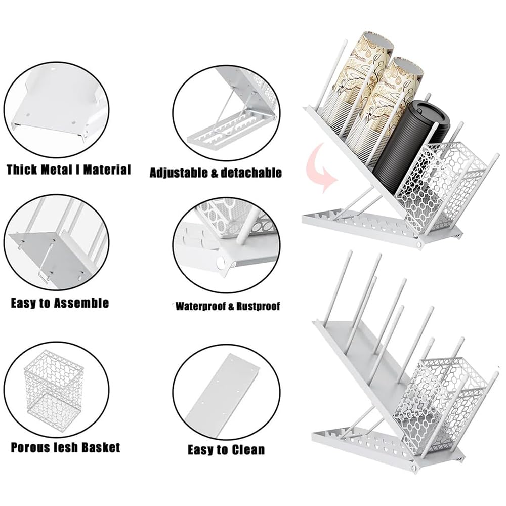 HEYOUTH Juego de 2 organizador de tazas de café desechables | Negro/Blanco con Cesta para Pajitas | 8 Alturas + 4 Niveles Extraíbles (100 Vasos) para Cafeterías y Oficinas