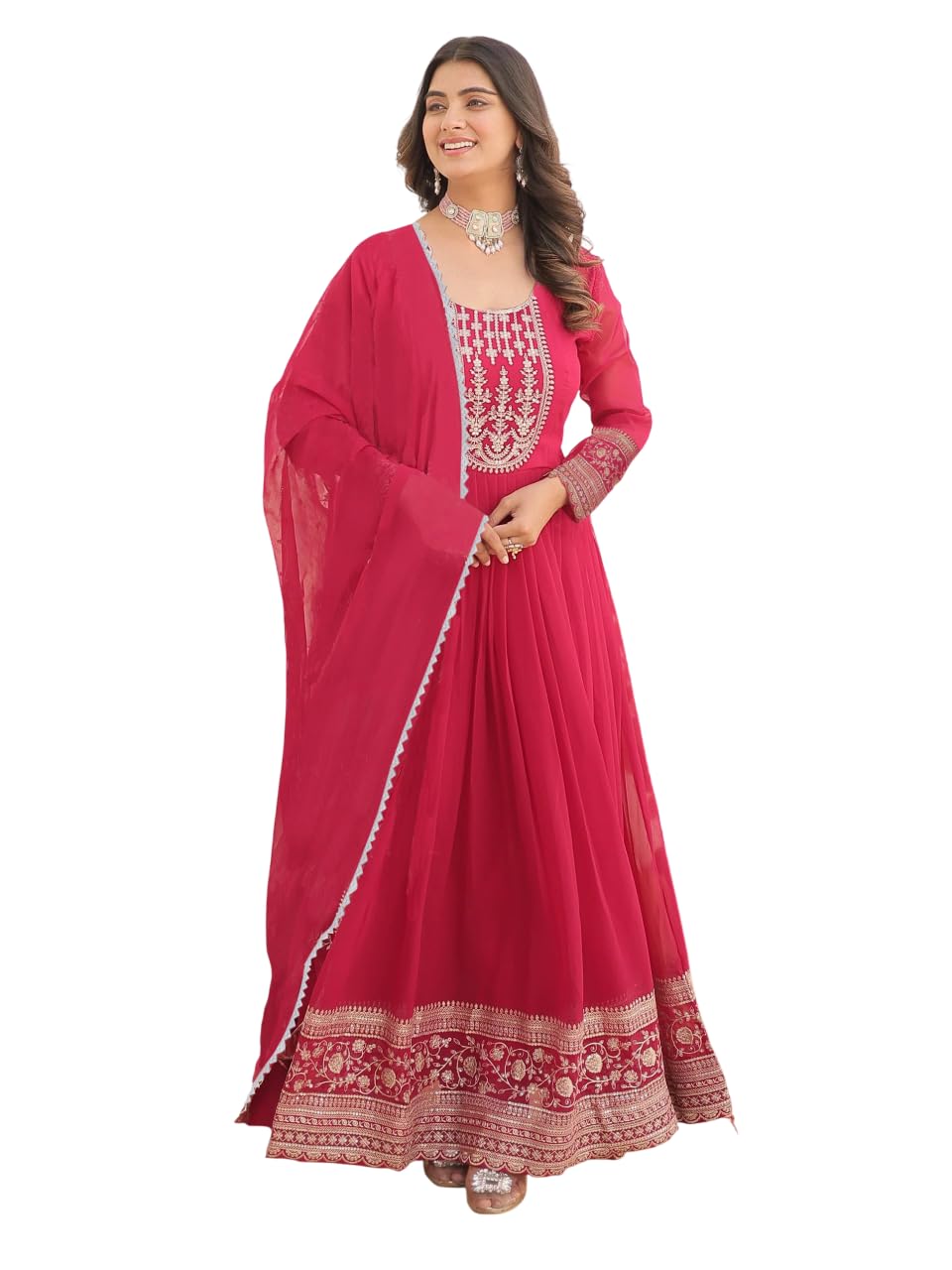 Embroidered Georgette Anarkali Gown with Dupatta, Pink, Stitched, Floral Border, Full Sleeves-picture-35