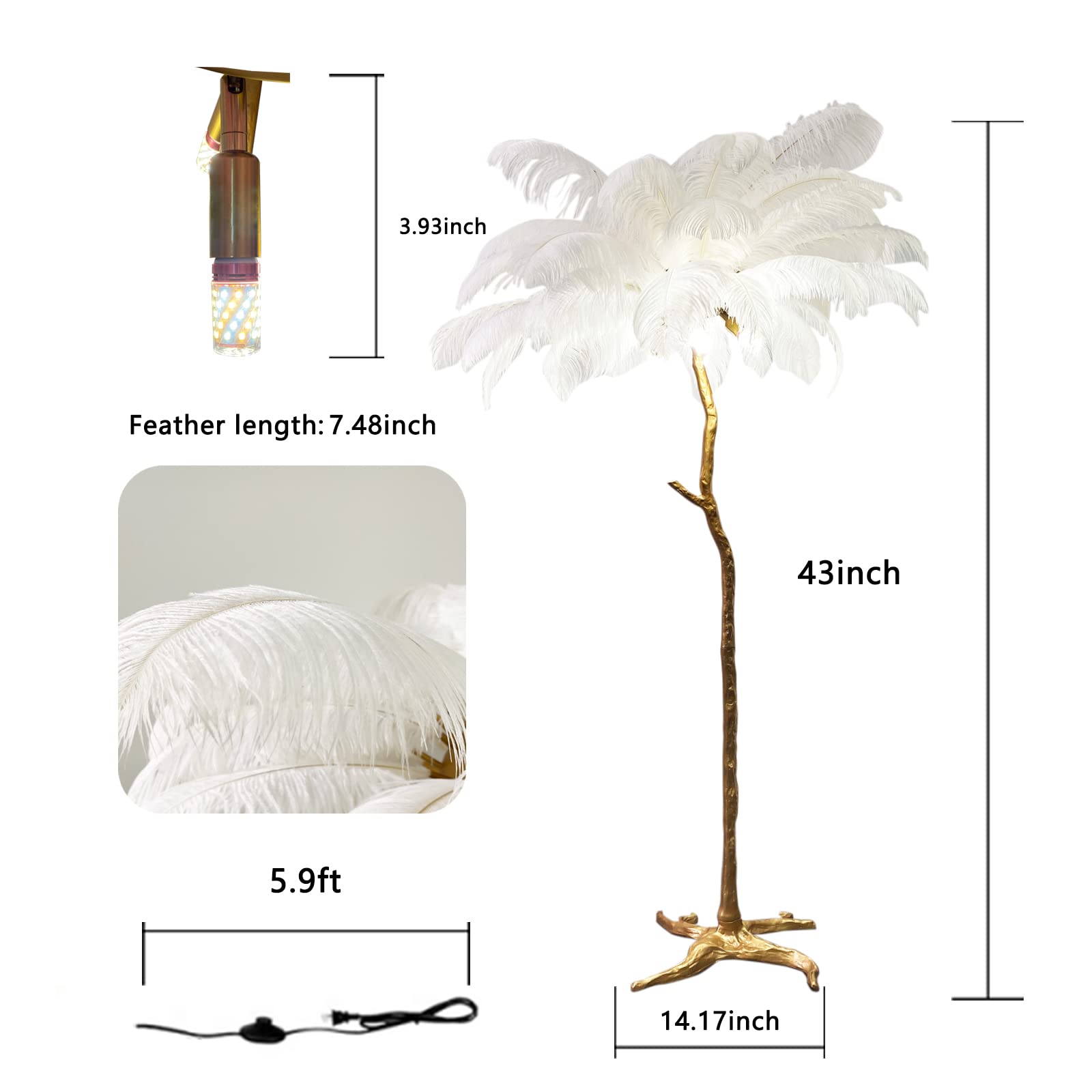 JINUBA Feather Floor Lamp White Feather Lamp Modern Luxury Resin Ostrich Feather LED Lamp Living Room Bedroom Corner Decoration Floor Lamps