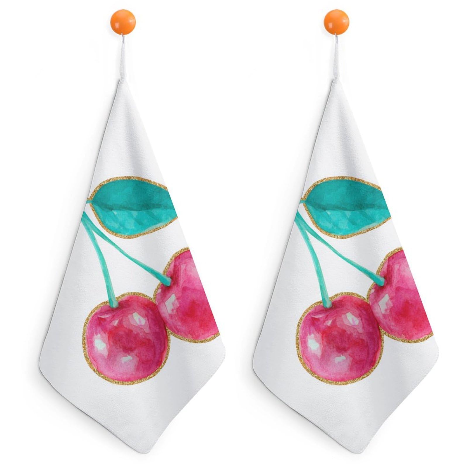 Jubonexis Cute Preppy Coastal Glossy Pink Cherry Pair Small Hand Towel with Hanging Loop 2 PCS Absorbent Soft Wash Cloth for Kitchen Bathroom