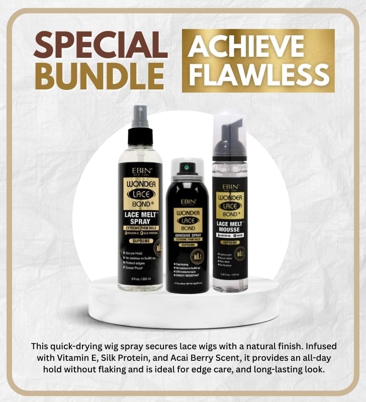 EBIN NEW YORK Melting Spray – Wonder Lace Bond LaceMelt Mini Supreme 8oz Bundle with Wig Adhesive Spray Supreme 2.7oz and Lace Melt Mousse 3.38oz Wig Styling and Blending Gift Set (3 Items)