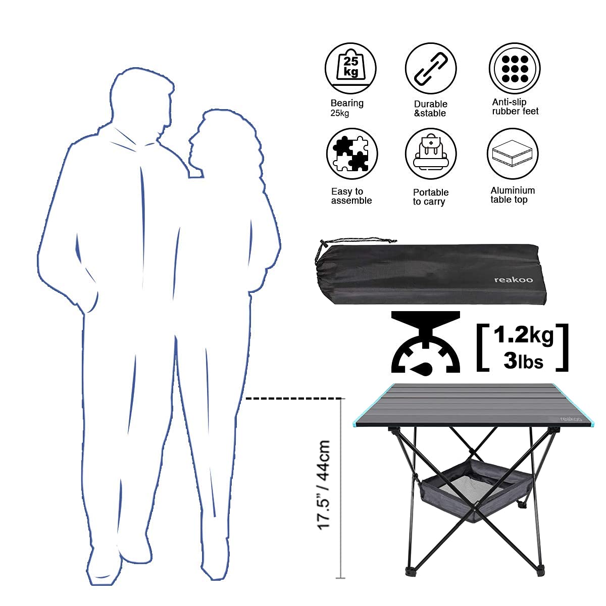 reakoo Tavolo Campeggio Portatile In alluminio, Tavolo de Campeggio Pieghevole ultraleggero compatto con borsa, Tavolo da Giardino, Tavolo da Esterno per Spiaggia, Barbecue, Picnic, Viaggi