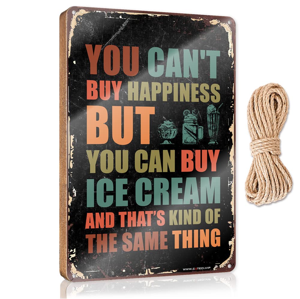 DTHA Funny Signs For Bedroom You Can'T Buy Happiness But Can Ice Cream Wooden Sign Spring Porch Decor Front Door Decor(23X35CM)