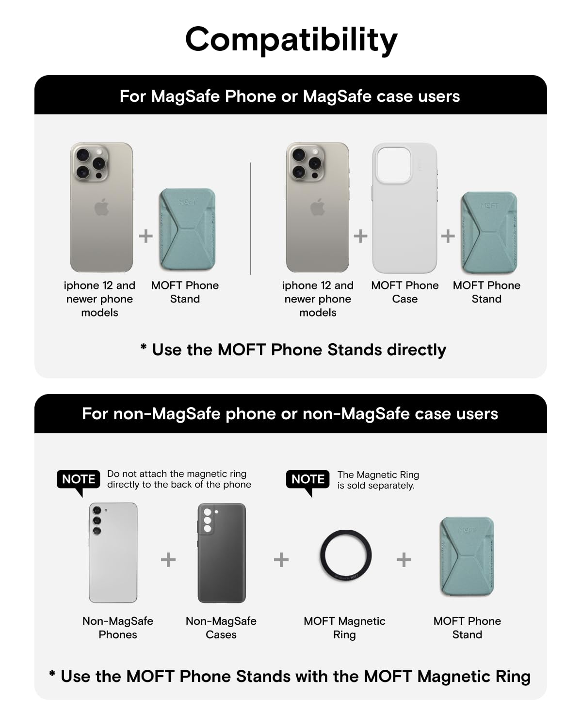 MOFT MagSafe Portafoglio Supporto per iPhone Serie 16/15/14/13 Compatibile con MagSafe, MOVAS Pelle Vegana Supporto Magnetico per Telefono con 3 Angoli di Visione, 2 Porta Carte (Nero Jet)
