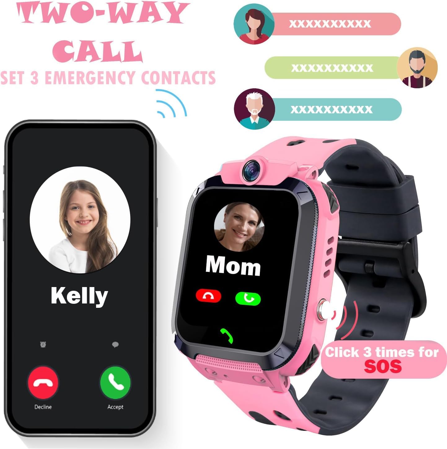 Reloj Inteligente Niños con Llamand Bidireccional, SOS, Calculadora, Alarma, Cámara, Juegos Reloj Inteligente de Moda para Niños de 4 a 12 Años y Niñas Regalo (Rosa)