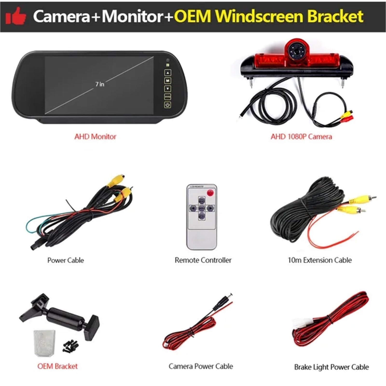 cámara de automóvil Kit de cámara de marcha atrás con luz de freno AHD 1080P con monitor de espejo retrovisor de 7 pulgadas para Fiat para Ducato, para Citroen para Jumper, para Peugeot para Boxer(Cam