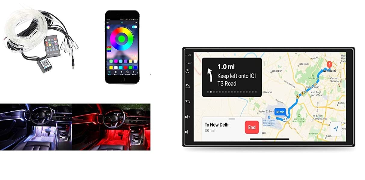 Riderscart Automotive Combo for Cars, 7 Inch Full HD 1080 Touch Screen Android 10 2GB/32GB + RGB App LED Car Atmosphere Interior Ambient Light with Optic Fibre Cable, EL Neon Strip Lamp Bluetooth App Control