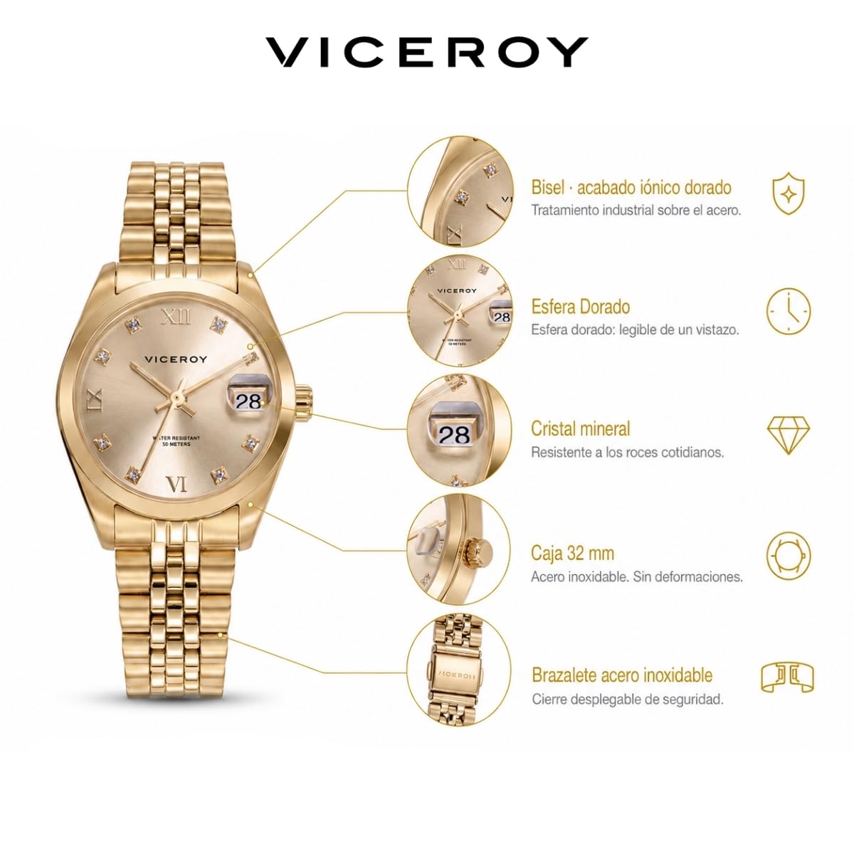 Viceroy Reloj Analógico Mujer de Acero Inoxidable - 32 mm - Movimiento de Cuarzo - 42414