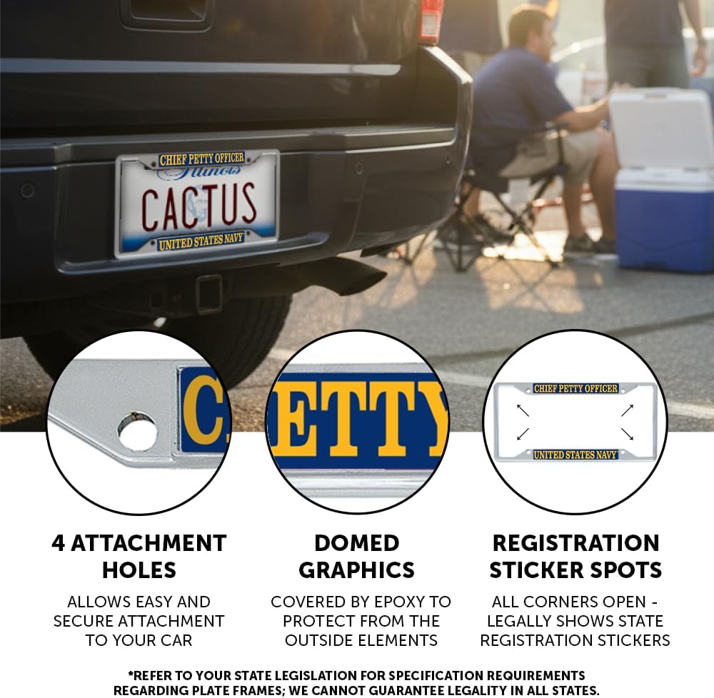 Desert Cactus US Navy Chief Petty Officer Car Accessories Enlisted Grades Metal License Plate Frame and Tag Holder for Front or Rear of Vehicle