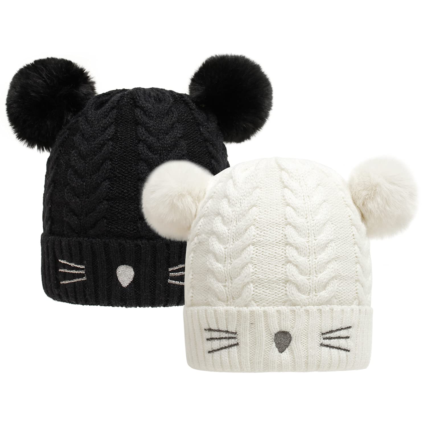 BUBO.YAA Baby Girl Winter Hat Cable Knit Baby Beanie for Infant Toddler Double Faux Fur Pom Pom Beanie