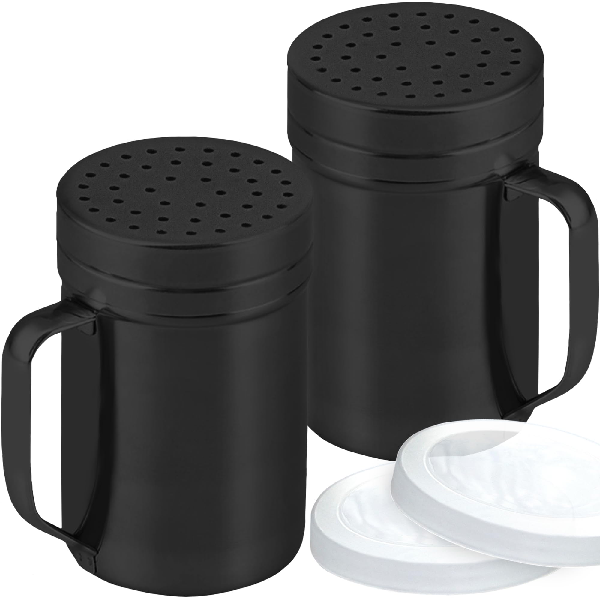 CUSINIUM 14oz Black Stainless Steel Salt Pepper Dredge Shakers - With Plastic Cap - With Handle - Pack of 2