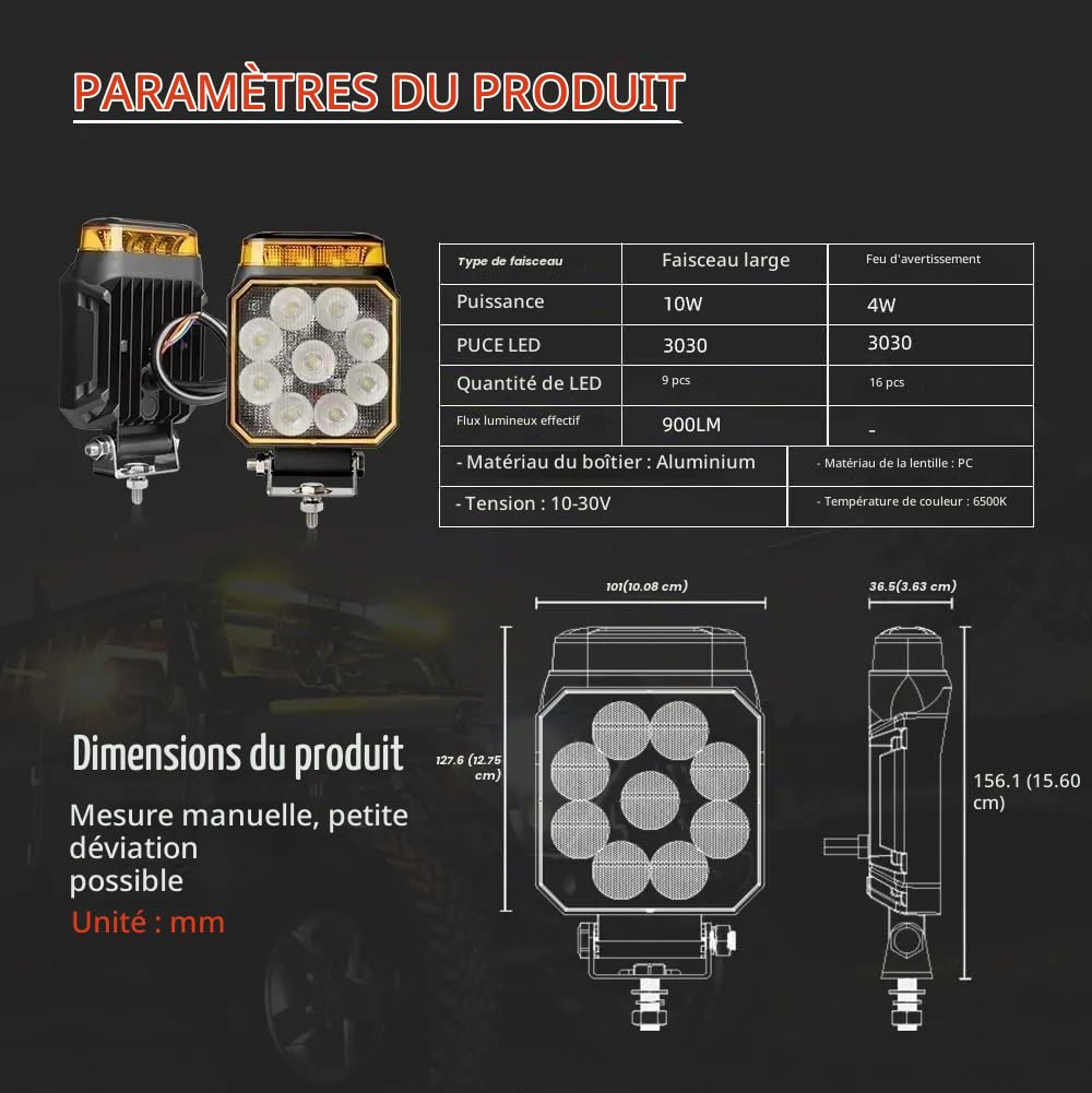 Générique 2 Phares de Travail LED avec Gyrophare LED 12V 24V 10W Faisceau Flood Blanc Feu de Recul Feu Antibrouillard + Feu de Pénétration Stoboscopique Flash Orange