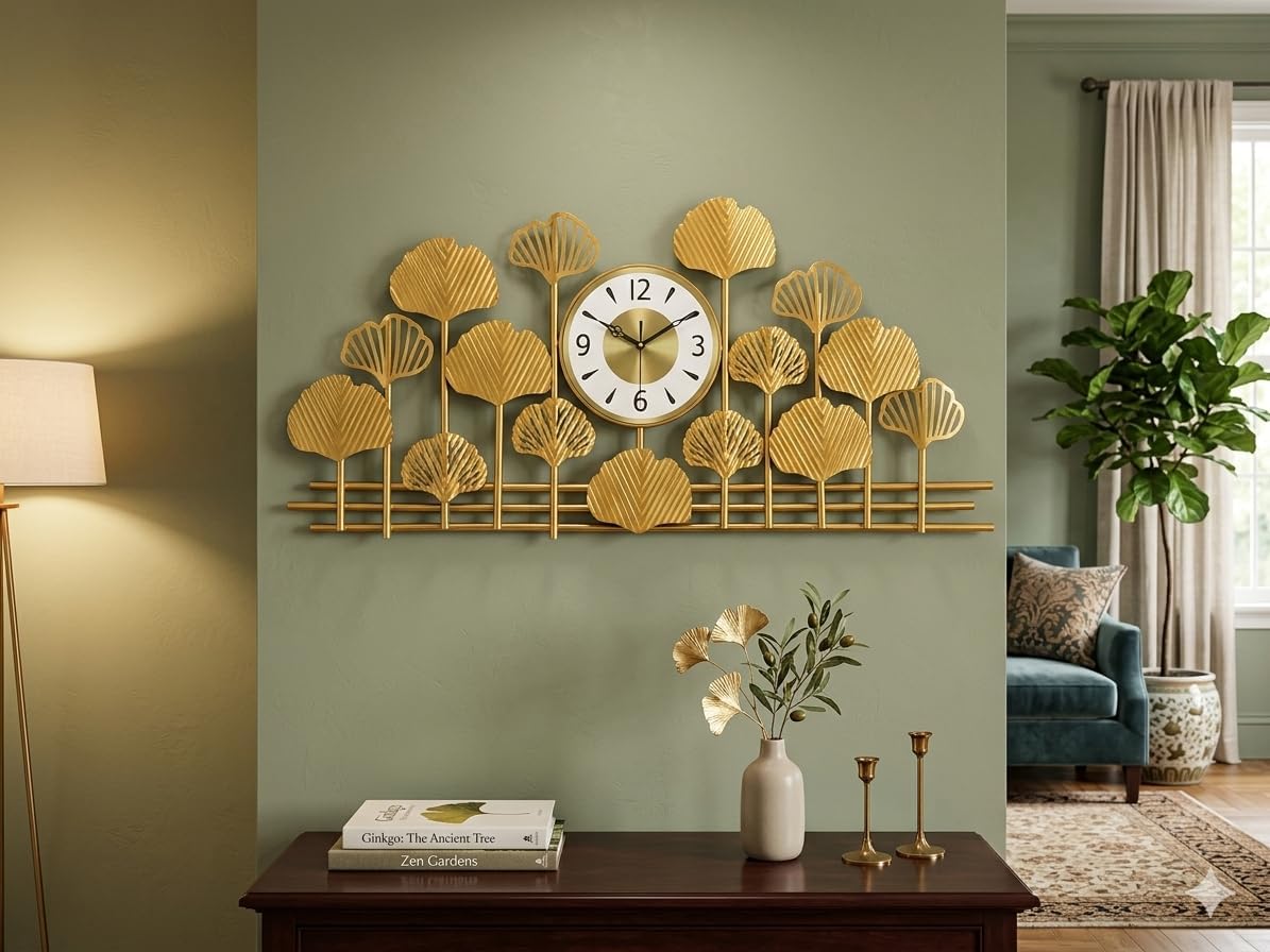 Luxury Gold Metal Ginkgo Wall Clock | Silent Analog Decorative Wall Clock | Modern Designer Iron Wall Art Clock for Living Room, Bedroom, Dining Room, Office & Hall Décor-image-42