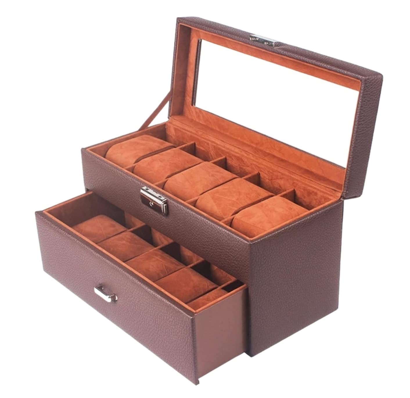 Uhrenbox, exquisiter Uhrenbox-Organizer mit 2 Ebenen und 10 Fächern, mit Schublade und Glasdisplay, abschließbarem Uhrengehäuse, Uhrenaufbewahrungsbox Safehappy