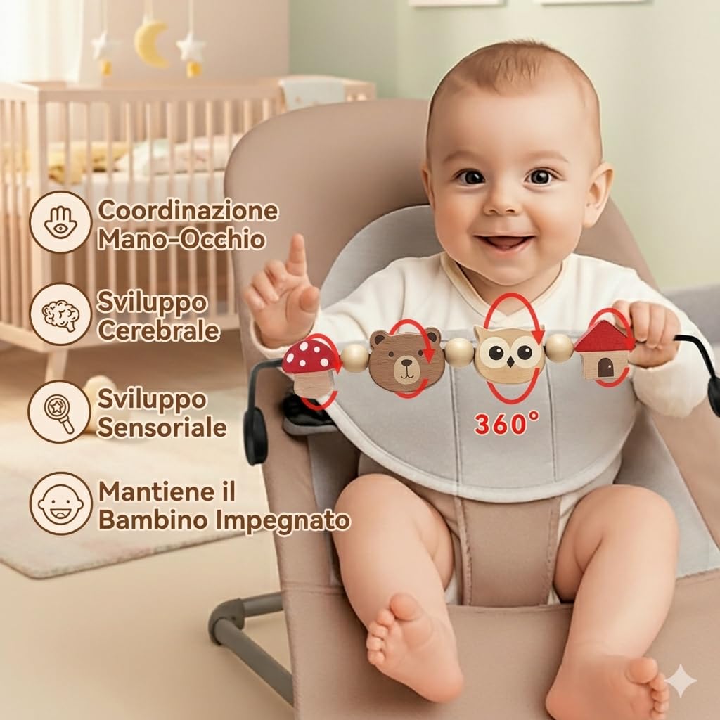 Giocattolo per buttafuori, Compatibile con BabyBjorn Bouncer Balance Soft & Bliss, Barra Giocattolo Girevole in Legno per Bambini, Giocattolo per Lo Sviluppo sensoriale (Animali)