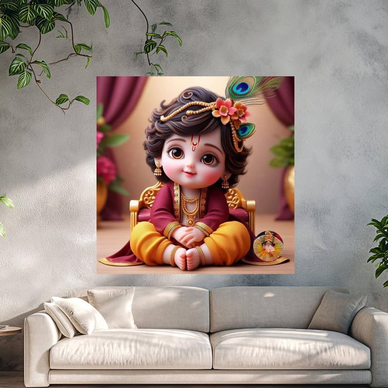 Image of British Terminal Cute little Bal Gopal Baby God Krishna| Kanha Ji | Laddu Lord Makhan Chor Painting Religious Poster for Pregnant Women for wall (matt thin vinyl,sticker,multicolor,unframed)| bj450