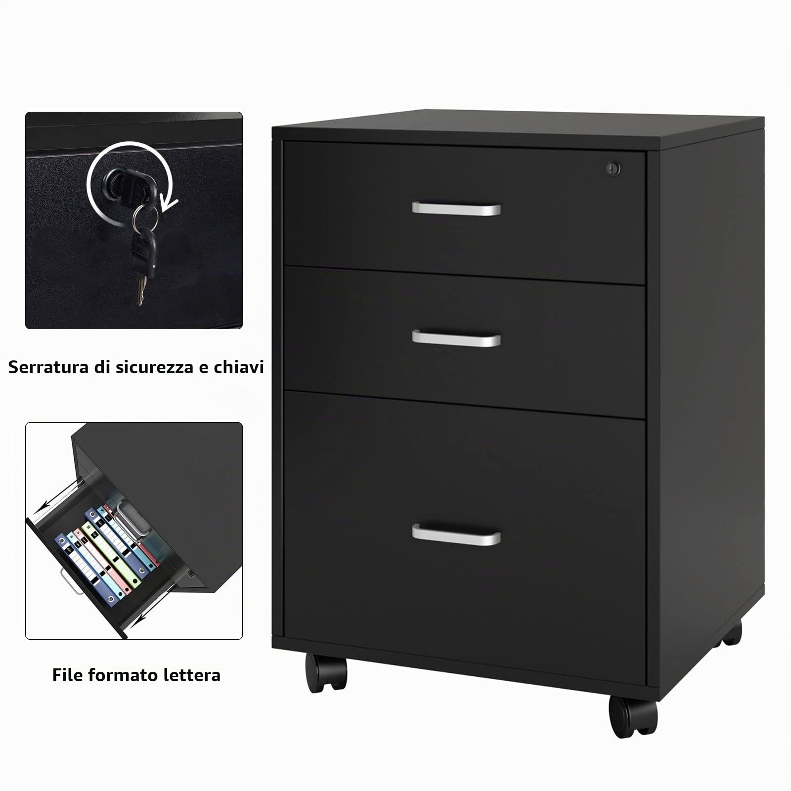 SDHYL Schedario con 3 Cassetti con Ruote Cassetto Superiore con Serratura Mobile Grande Spazio di Archiviazione Adatto per Casa e Ufficio Nero