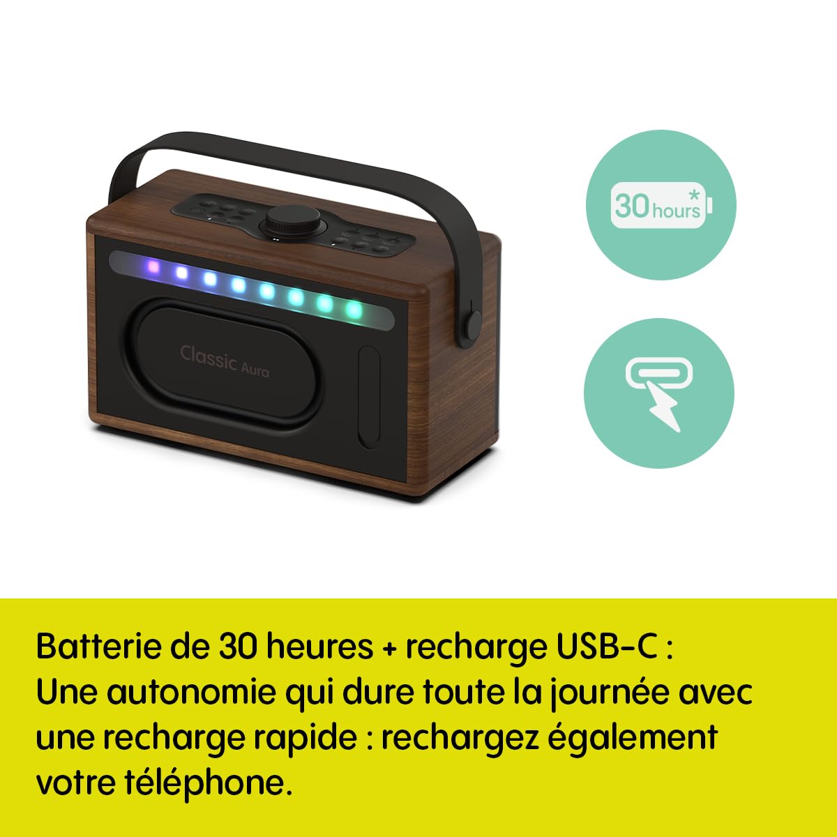 Pure Classic Aura Enceinte Bluetooth Portable 40W avec Batterie 10000mAh, Fonction Powerbank, lumière d’Ambiance, 30h autonomie, USB-C, entrée AUX, étanche IPX2 – Marron Café/Noyer