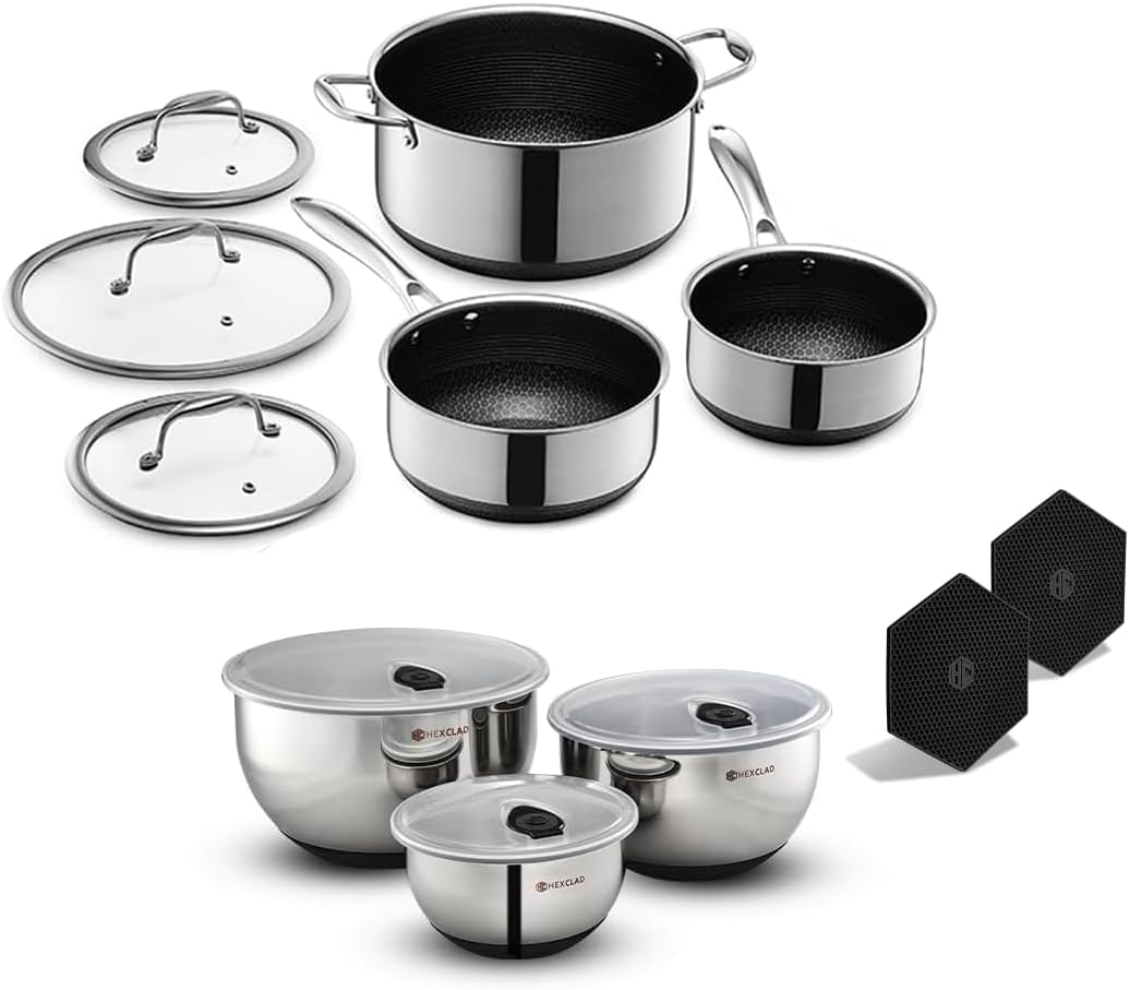 HexClad 11Piece Set 3Piece Mixing Bowl Set 2, 3 and 8 Quart Pot with Lids & 2