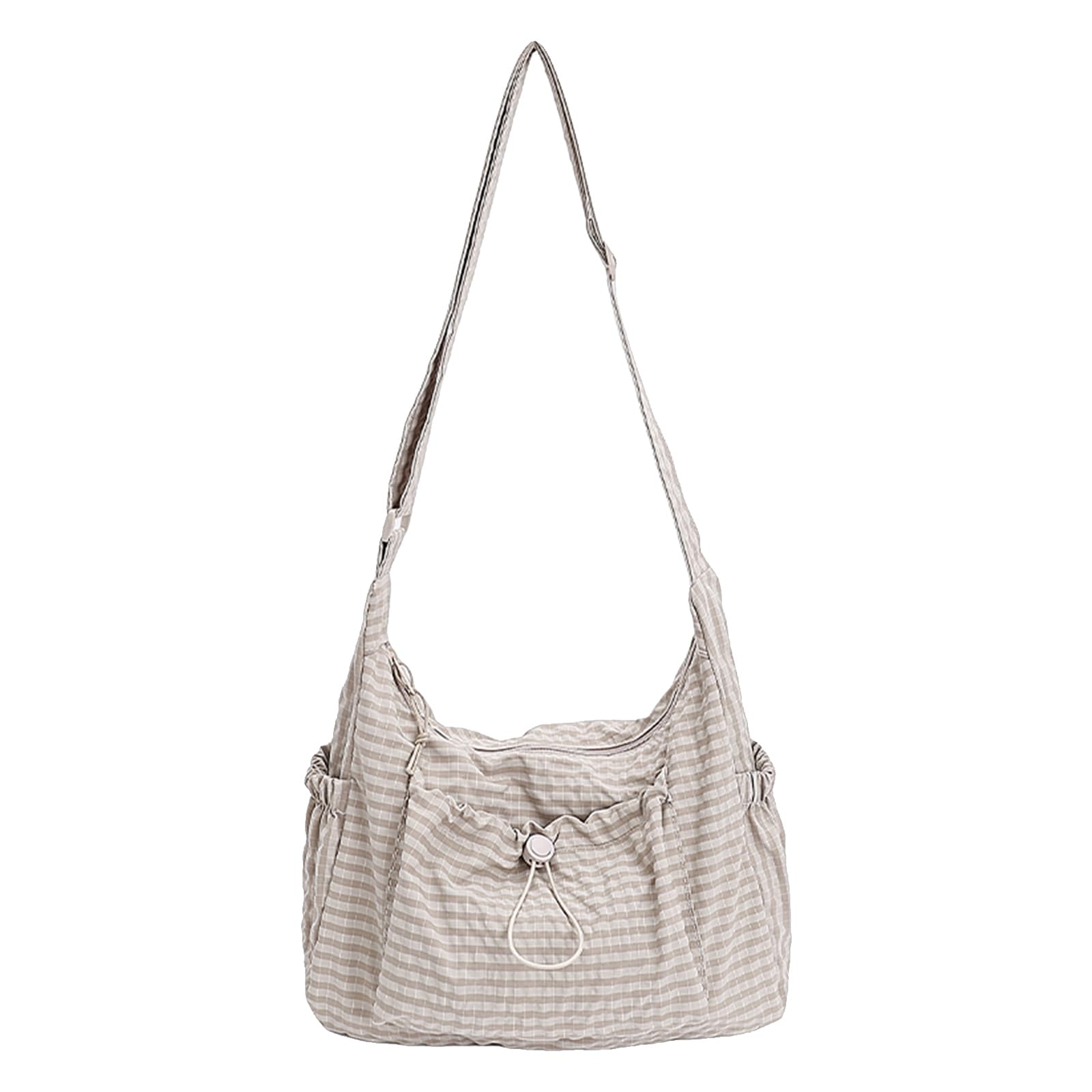 Women’s Checkered Sling Bag, Nylon Pleated Cloud Shoulder Bag, Large Capacity Plaid Drawstring Tote, Lightweight Quilted Crossbody Purse for Shopping, Travel, Daily Use
