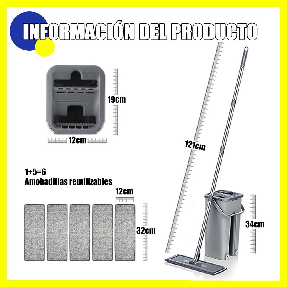 Mopa Multifuncional para Azulejos Paredes y Suelos con Cubo Escurridor Sistema Autoescurrible Cepillo 6 Almohadillas de Microfibra Limpieza Tarima Atrapa Polvo Trapeador Escurre Fácil Mop Ventanas