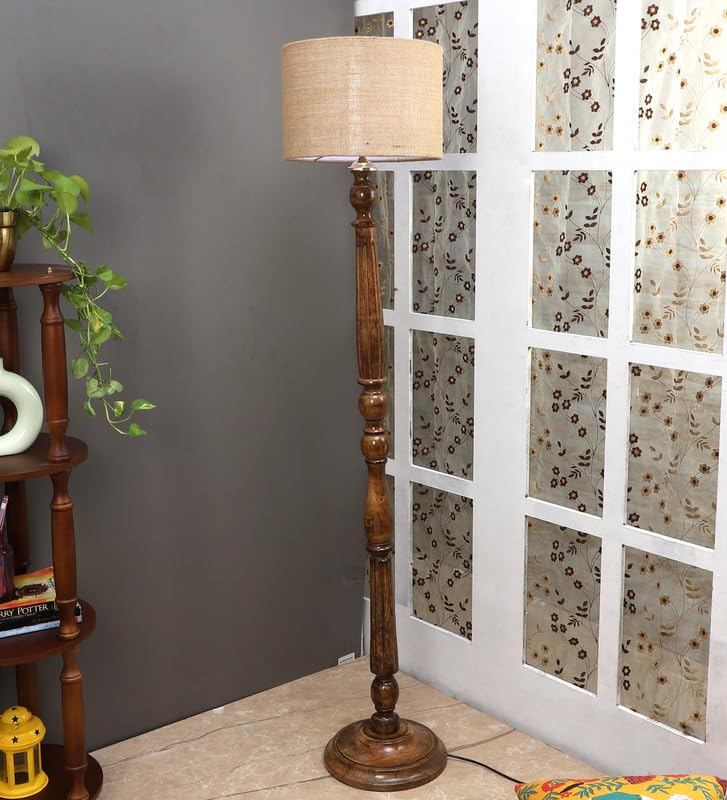 Image of tu casa Mango Wooden Floor Lamps with Beige Jute Shade for Home Decor, Bedrooms Corner, Living Room, Gifting, Diwali Decoration, Hall, Office, Study Room (Height: - 56 inch) - Bulb not Included